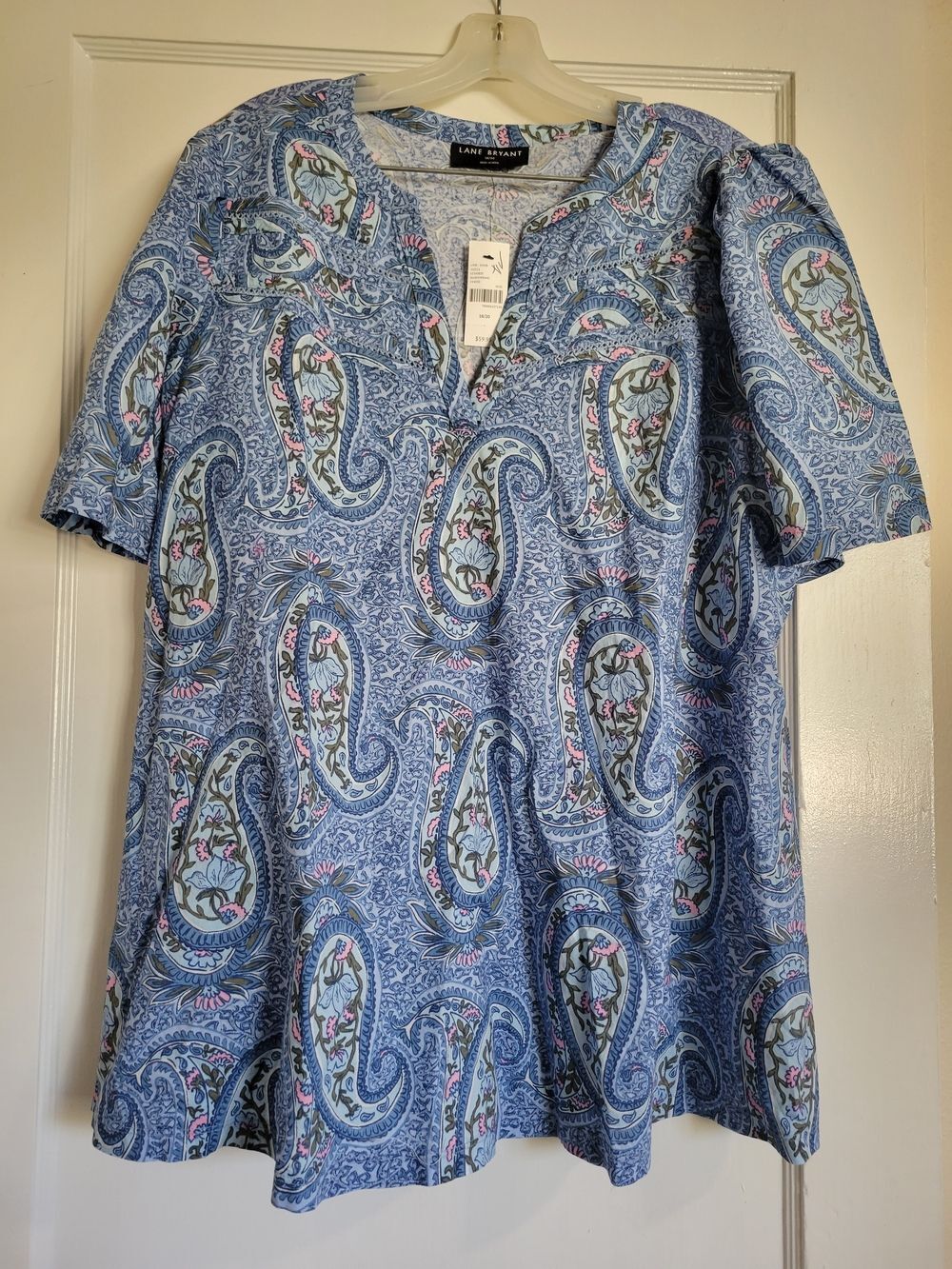 NWT Lane Bryant Blue Paisley Poplin and Knit Notch Neck Trim Top Sz 18/20